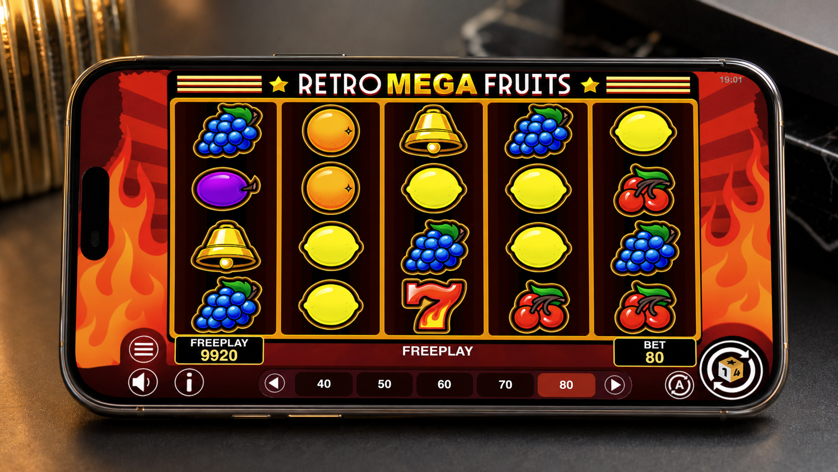 Retro Mega Fruits screenshot - 5x4 reel grid with cherries, bells and sevens mid-spin