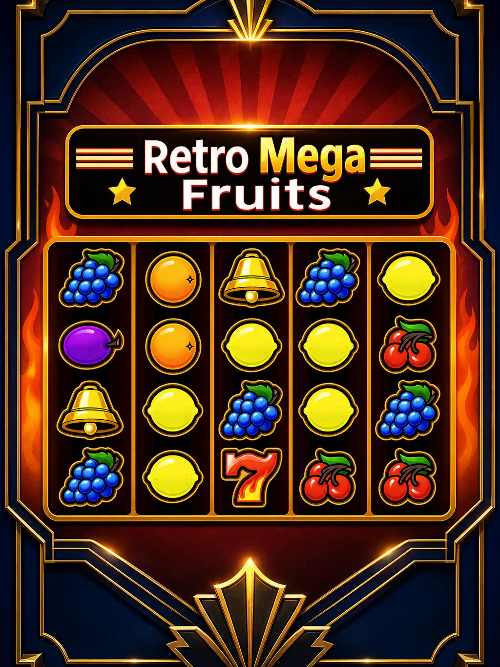 Retro Mega Fruits slot - vintage fruit machine reels with cherries, bells and sevens on a 5x4 grid